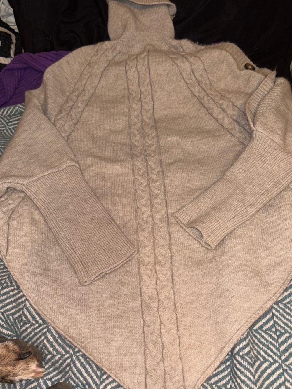 Source Unknown Beige Cable-Knit Turtleneck Poncho Sweater